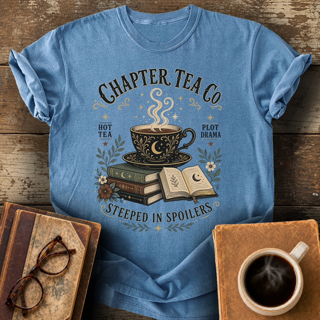 Chapter Tea Co Steeped In Spoilers T-Shirt - blue jean shirt mockup